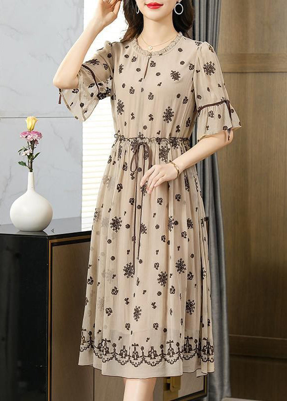 Fine Beige Ruffled Embroideried Exra Large Hem Silk Cinched Dress Summer