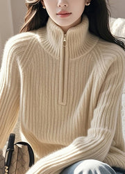 Fine Beige Zip Up High Neck Knitted Sweaters Spring