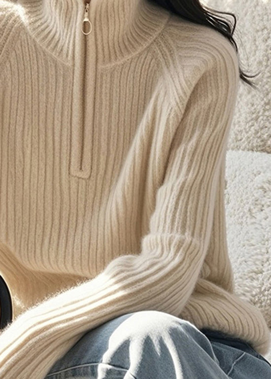 Fine Beige Zip Up High Neck Knitted Sweaters Spring