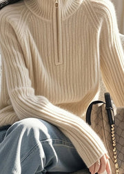 Fine Beige Zip Up High Neck Knitted Sweaters Spring