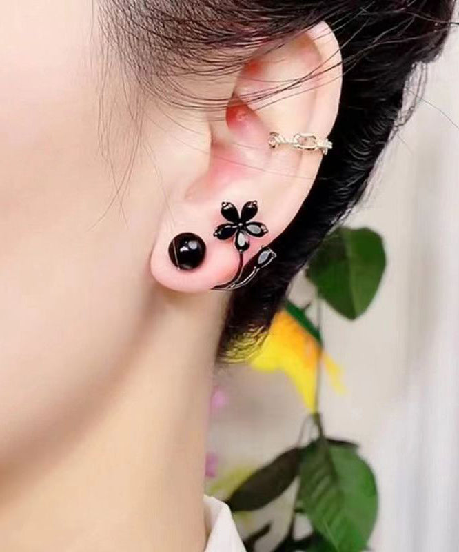 Fine Black Alloy Inlaid Gem Stone Floral Stud Earrings