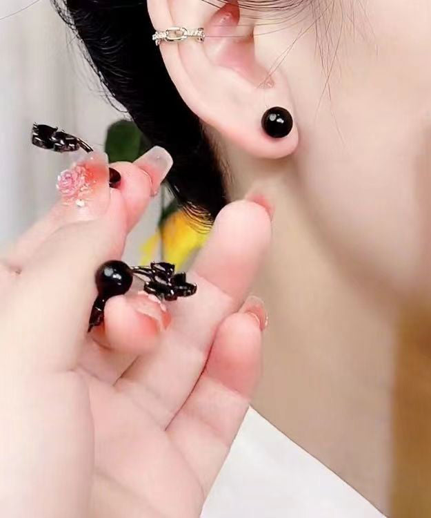 Fine Black Alloy Inlaid Gem Stone Floral Stud Earrings