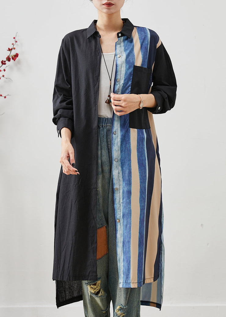 Fine Black Asymmetrical Striped Linen Shirt Dress Summer