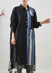 Fine Black Asymmetrical Striped Linen Shirt Dress Summer