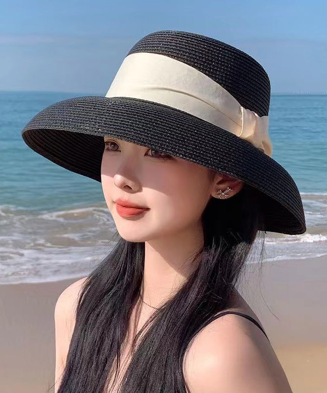 Fine Black Bow Straw Woven Bucket Hat Sun Hat