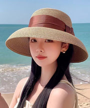 Fine Black Bow Straw Woven Bucket Hat Sun Hat