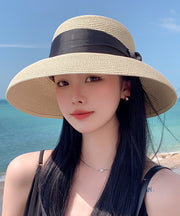 Fine Black Bow Straw Woven Bucket Hat Sun Hat