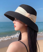 Fine Black Bow Straw Woven Bucket Hat Sun Hat
