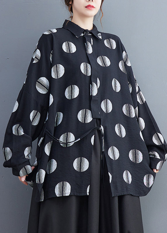 Fine Black Dot Print Patchwork Shirts Long Sleeve