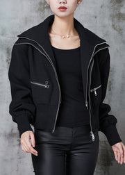 Fine Black Double Zipper Patchwork Cotton Jackets Spring