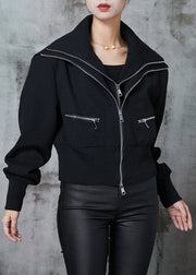 Fine Black Double Zipper Patchwork Cotton Jackets Spring