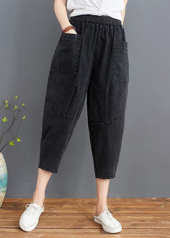 Fine Black Elastic Waist jeans Harem Pants Summer Cotton - SooLinen