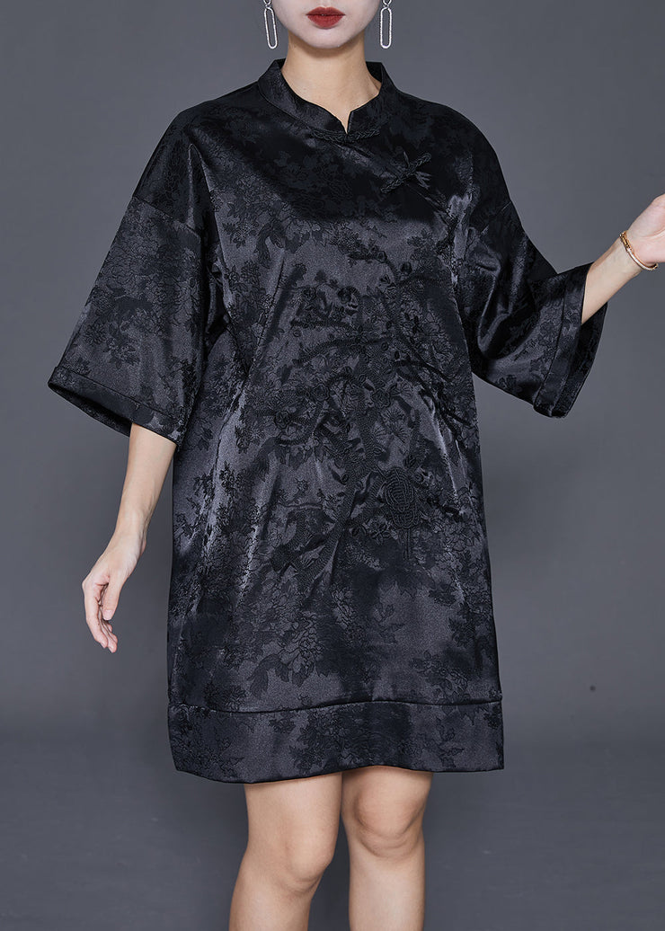 Fine Black Embroidered Chinese Button Silk Mini Dress Half Sleeve