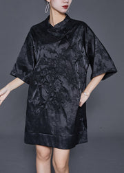 Fine Black Embroideried Chinese Button Silk Mini Dress Half Sleeve