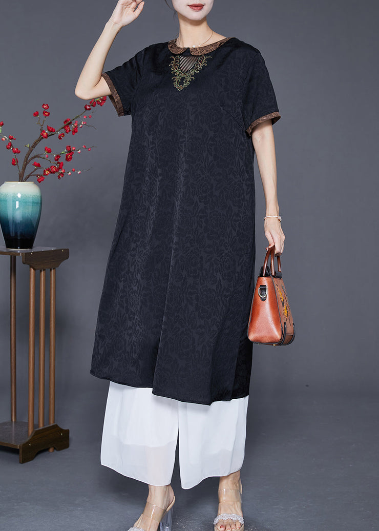 Fine Black Embroidered Hollow Out Silk Long Dresses Summer