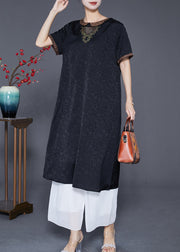 Fine Black Embroideried Hollow Out Silk Long Dresses Summer