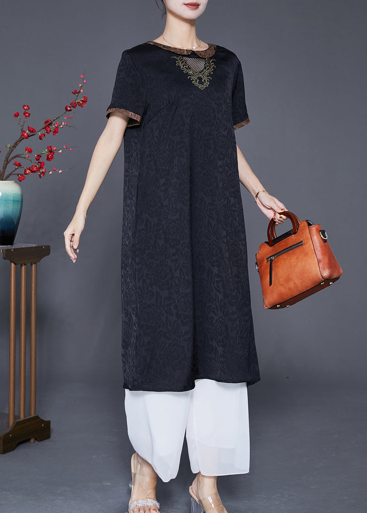 Fine Black Embroideried Hollow Out Silk Long Dresses Summer