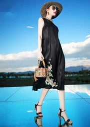 Fine Black Embroideried Patchwork Silk Dresses Sleeveless