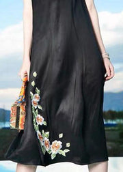 Fine Black Embroideried Patchwork Silk Dresses Sleeveless