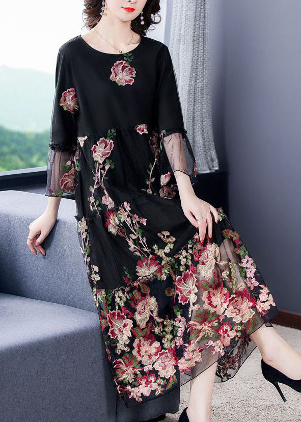 Fine Black Embroideried Patchwork Tulle Long Dress Bracelet Sleeve