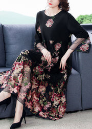 Fine Black Embroideried Patchwork Tulle Long Dress Bracelet Sleeve