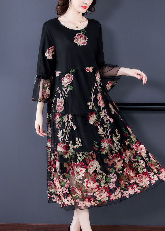 Fine Black Embroideried Patchwork Tulle Long Dress Bracelet Sleeve