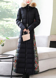 Fine Black Fur Collar Zippered Sashes Warm Thick Long Hooded Parka Winter