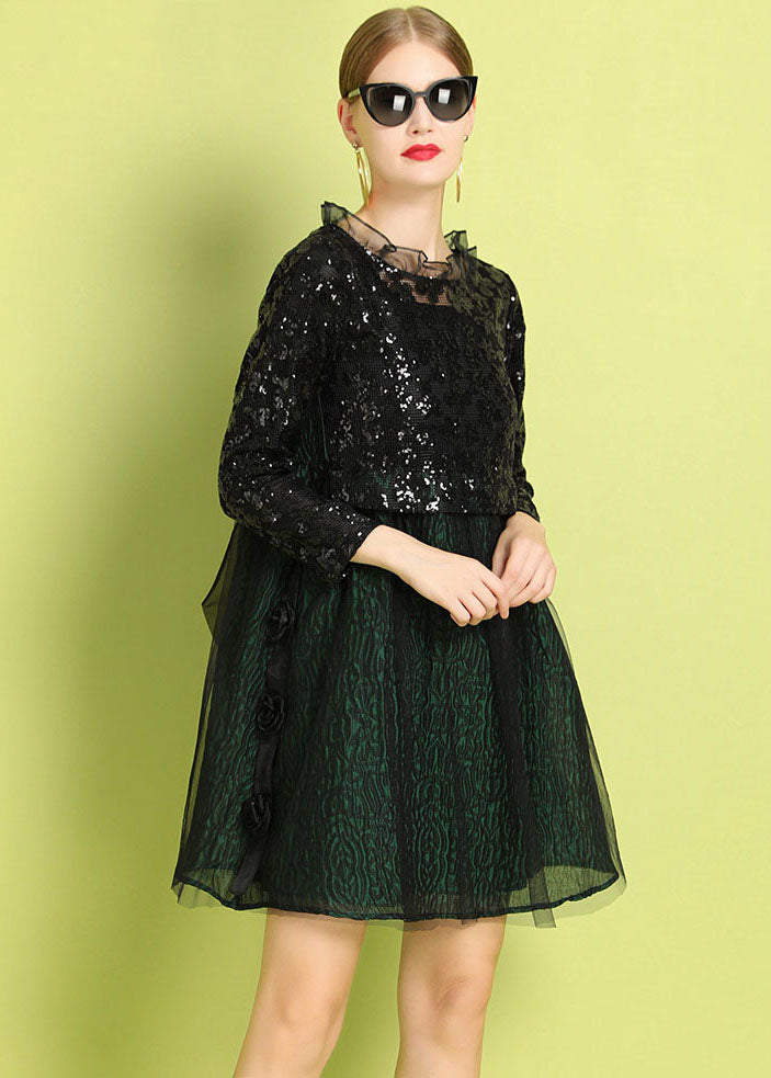 Fine Black Green Ruffled Sequins Bow Patchwork Tulle Mid Dress Summer