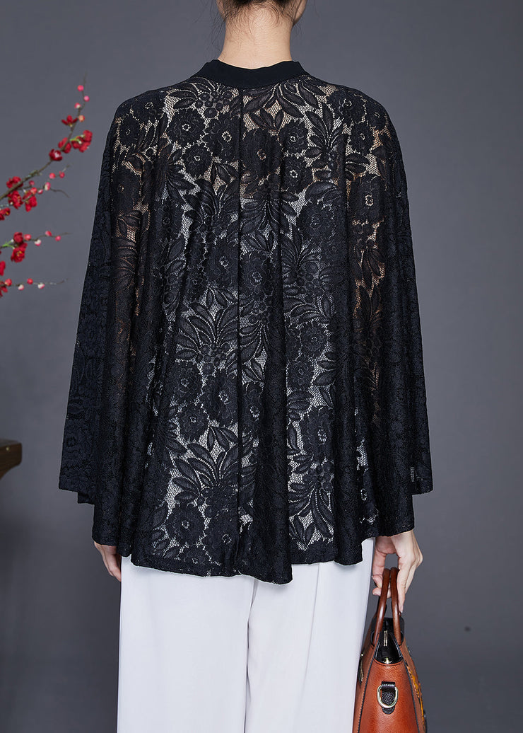 Fine Black Hollow Out Oversized Lace Shirt Top Summer