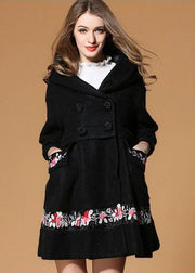 Fine Black Hooded Embroideried Woolen Coats Half Sleeve