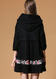 Fine Black Hooded Embroideried Woolen Coats Half Sleeve