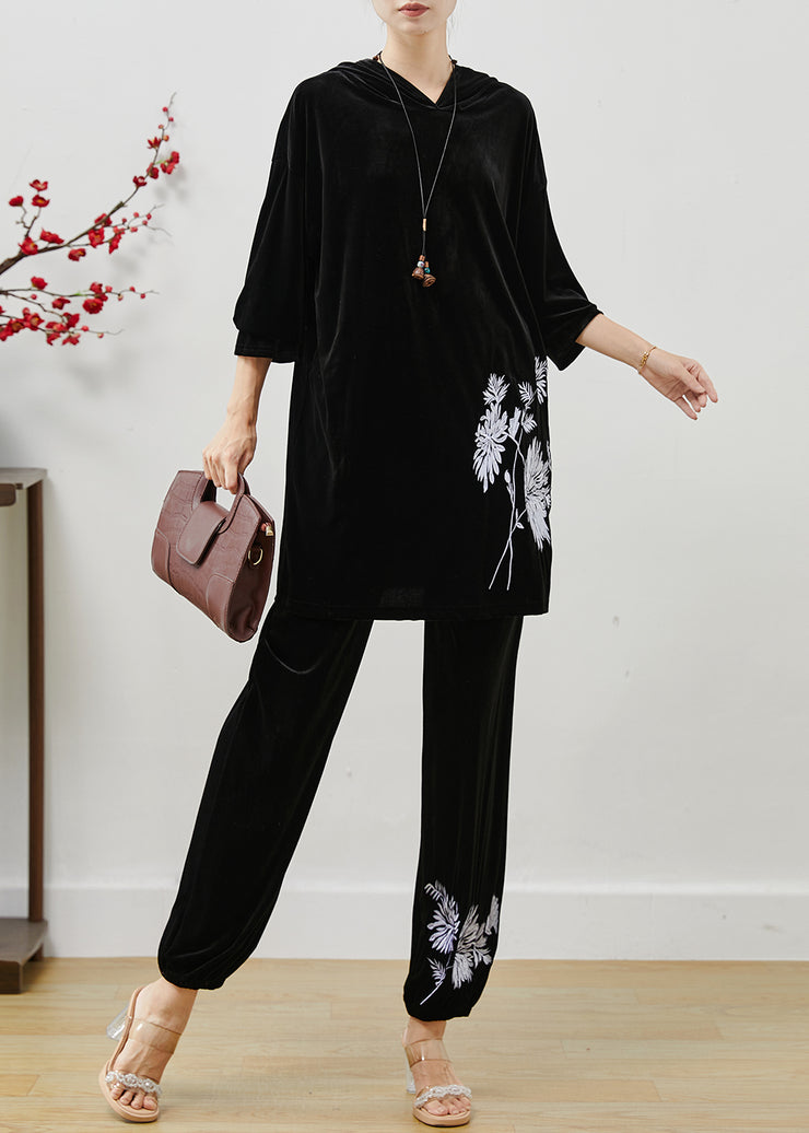 Fine Black Hooded Print Silk Velvet Two Pieces Set Fall