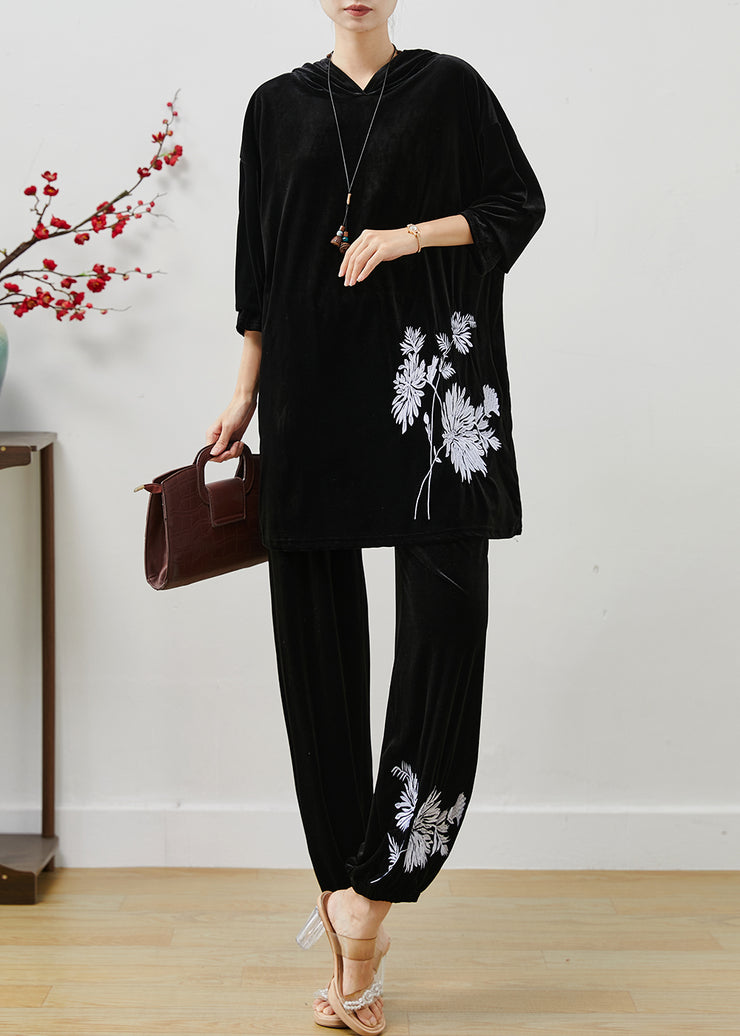 Fine Black Hooded Print Silk Velvet Two Pieces Set Fall