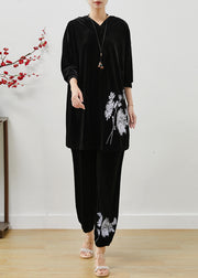 Fine Black Hooded Print Silk Velvet Two Pieces Set Fall