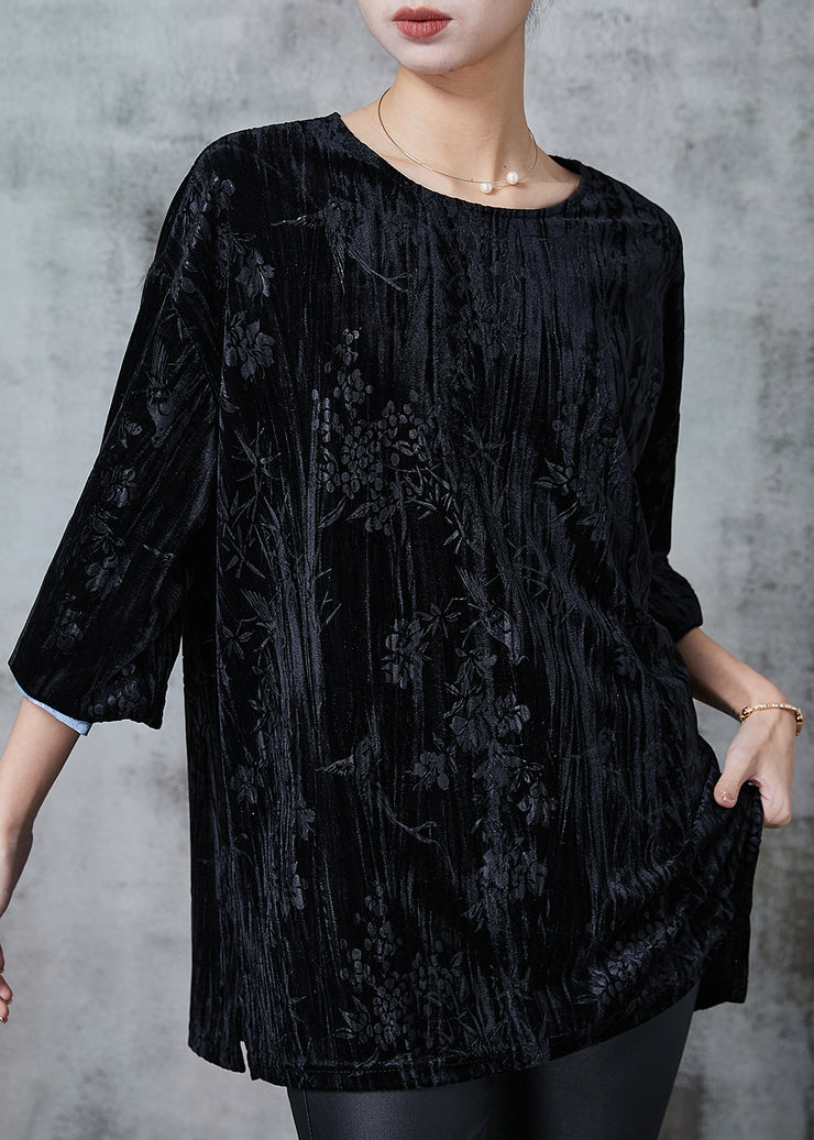 Fine Black Jacquard Patchwork Silk Velour Shirt Top Spring