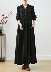 Fine Black Lapel Exra Large Hem Corduroy Holiday Dress Puff Sleeve