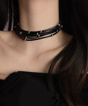 Fine Black Leather Chain Multi Layer Choker