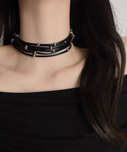 Fine Black Leather Chain Multi Layer Choker