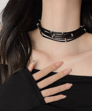 Fine Black Leather Chain Multi Layer Choker