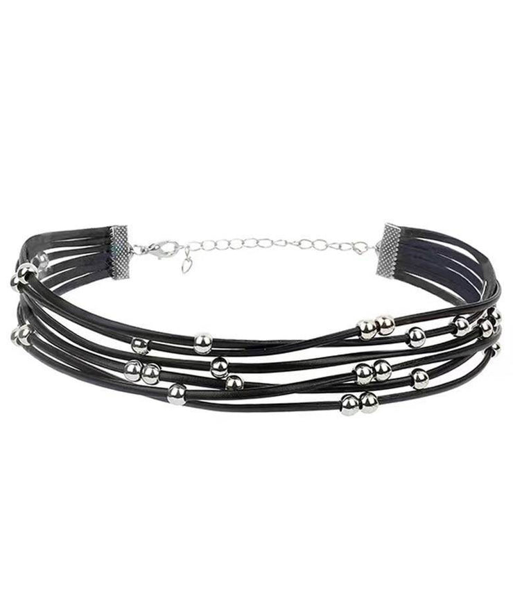 Fine Black Leather Chain Multi Layer Choker