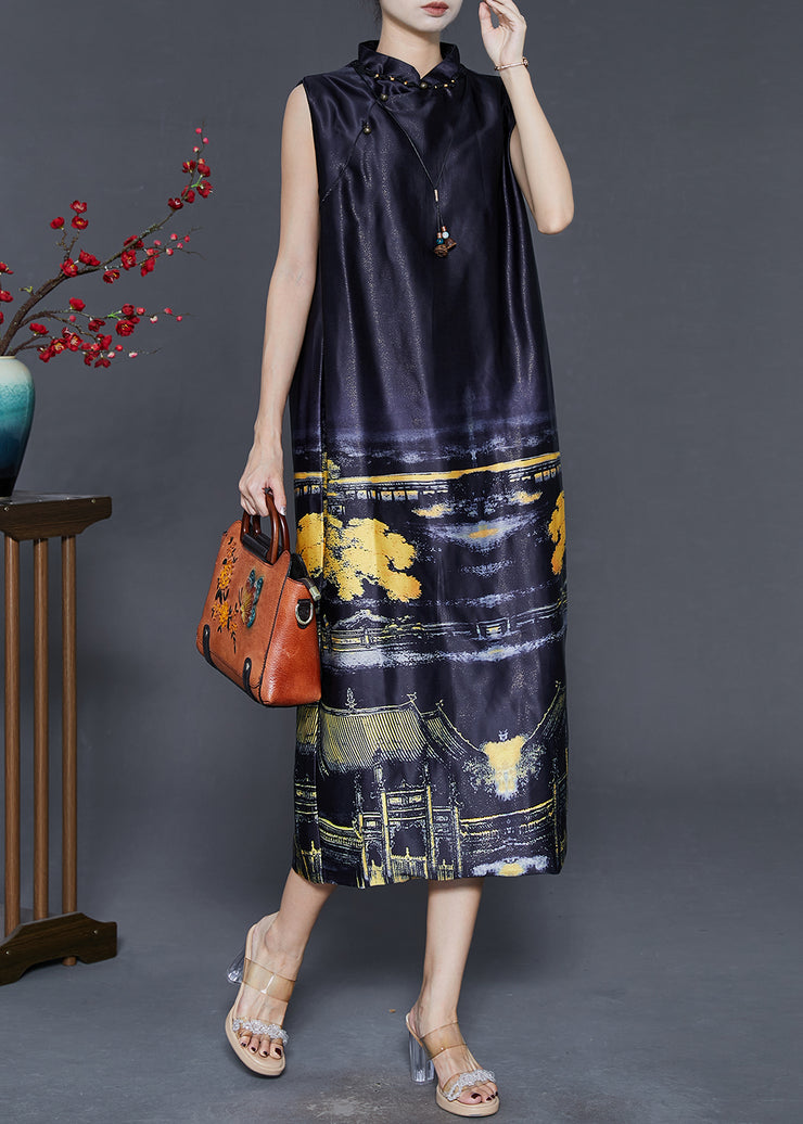 Fine Black Mandarin Collar Print Silk Dress Sleeveless