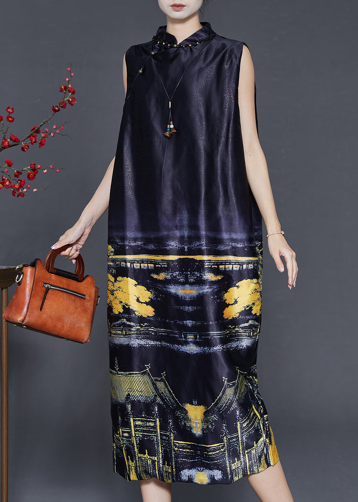 Fine Black Mandarin Collar Print Silk Dress Sleeveless