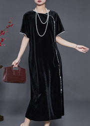 Fine Black Nail Bead Silk Velvet Oriental Dresses Summer