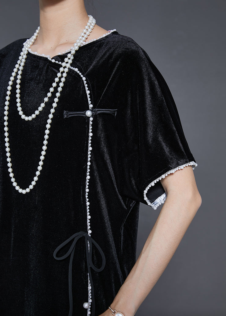 Fine Black Nail Bead Silk Velvet Oriental Dresses Summer
