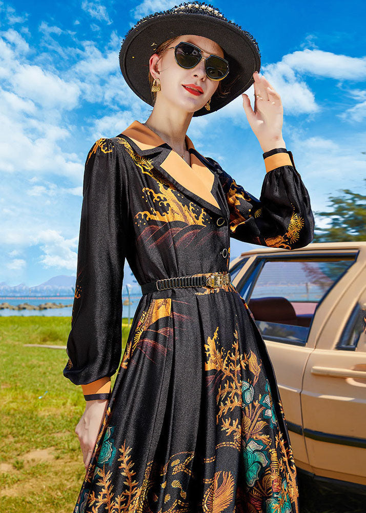 Fine Black Notched Collar Print Silk Cinch Dresses Spring