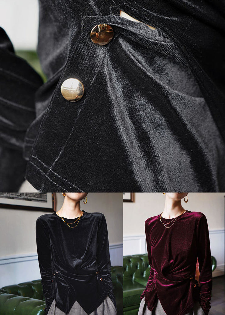 Fine Black O-Neck Asymmetrical Silk Velour Top Long Sleeve