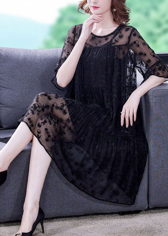 Fine Black O-Neck Embroideried Wrinkled Tulle Dress Two Pieces Set Summer