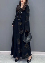 Fine Black O Neck Floral Patchwork Cotton Long Dress Fall