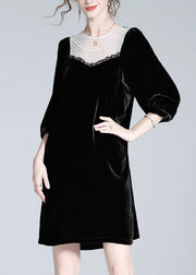 Fine Black O-Neck Lace Patchwork Velour Mid Dress Spring