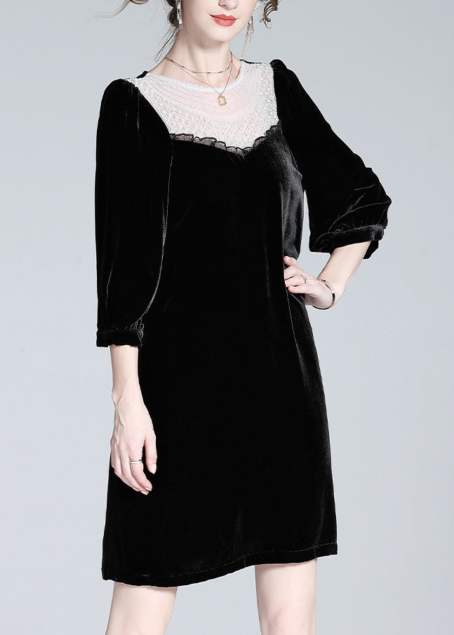 Fine Black O-Neck Lace Patchwork Velour Mid Dress Spring